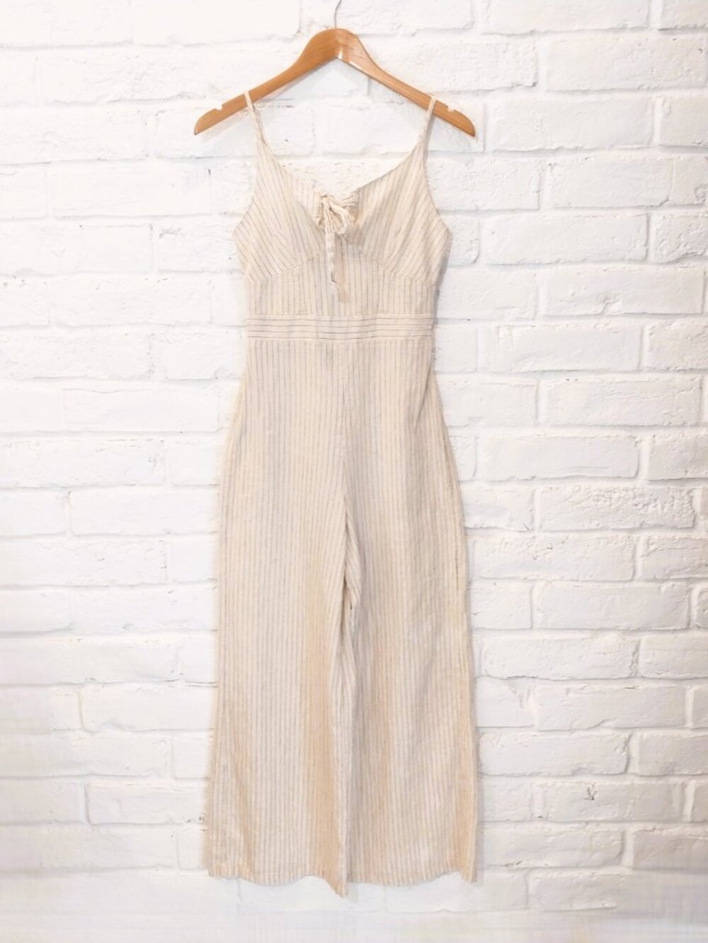 Japna Jumpsuit Small Beige Striped Cotton Linen Wide Leg Smocked Back Front Tie.